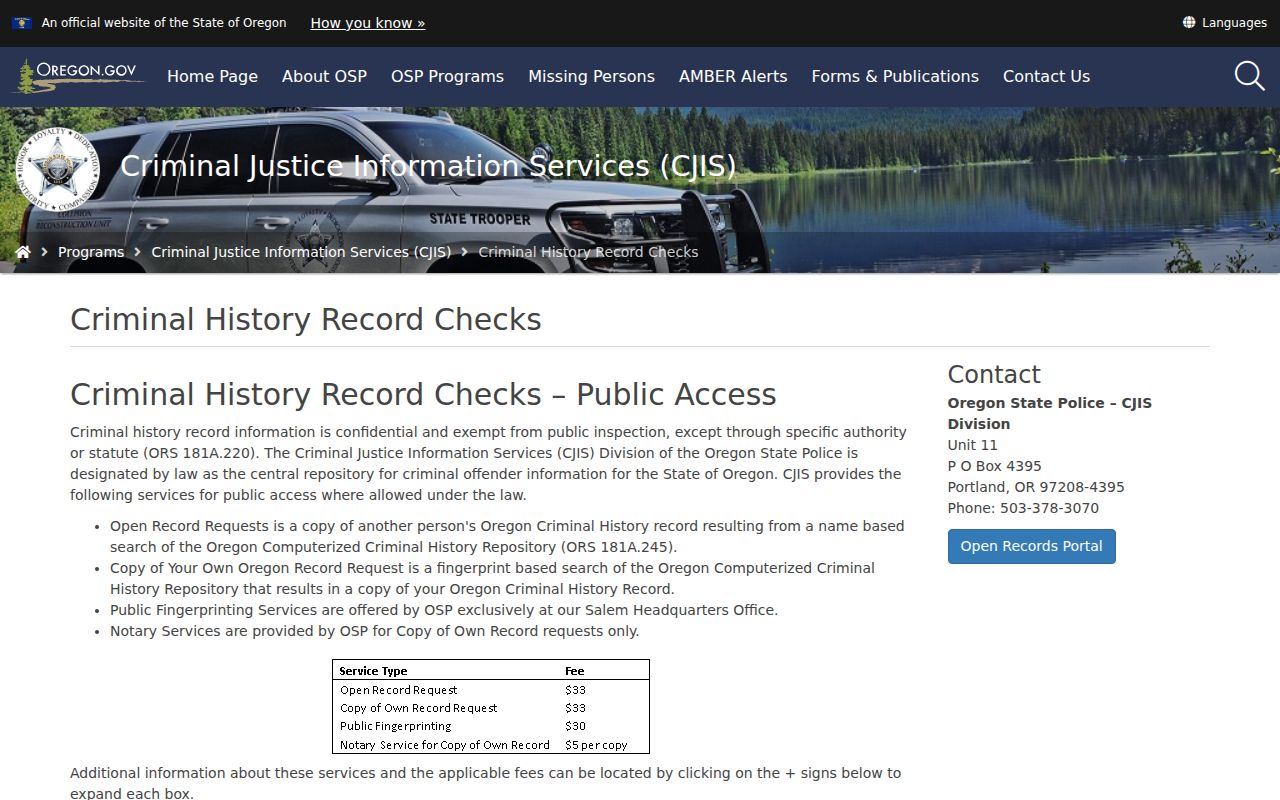 Benton County criminal history Oregon State Police record products